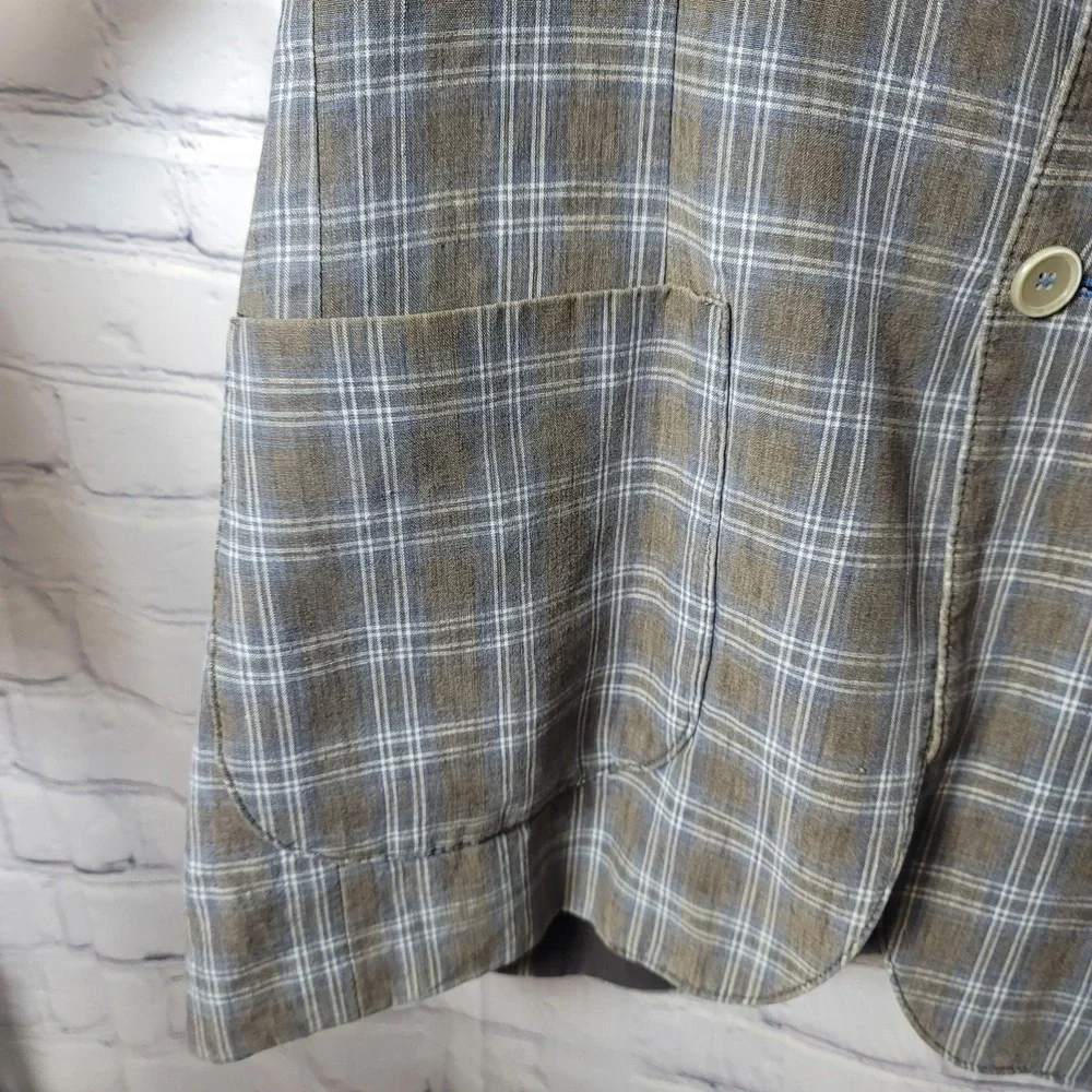 Abrams Blazer Mens  Brown Linen Cotton Plaid Sport Coat Jacket Two Button Casual